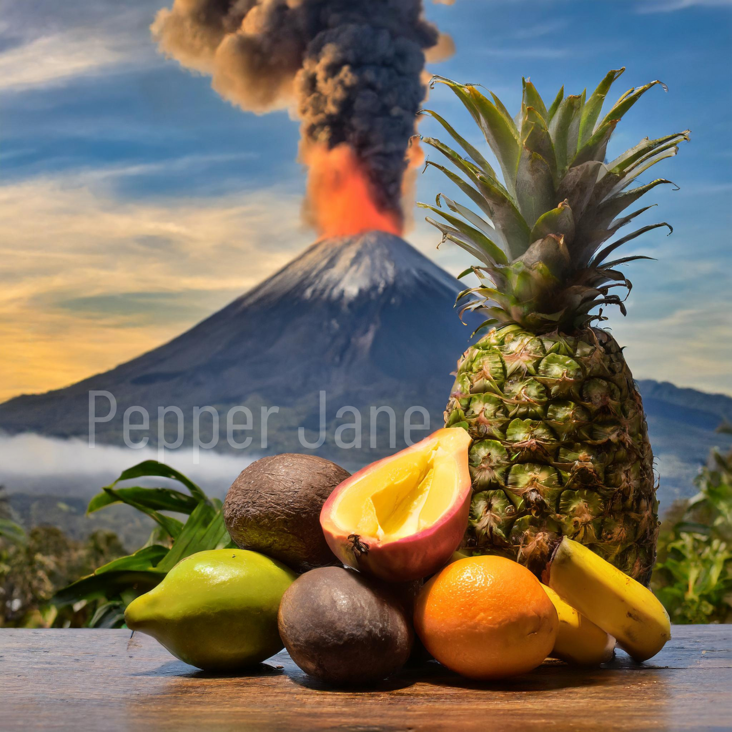 An assortment of tropical fruits including a pineapple, mango, and bananas with a volcano erupting in the background.
