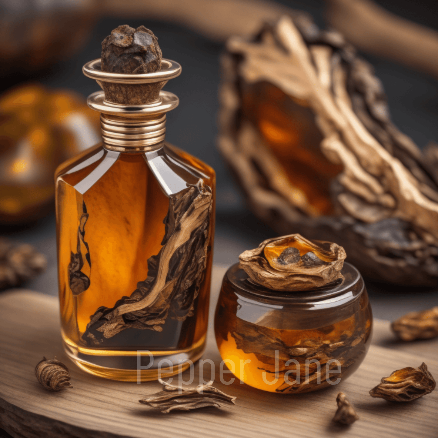 Pepper Jane’s Oud and Amber fragrance oil—citrus, floral, and woody blend with amber warmth