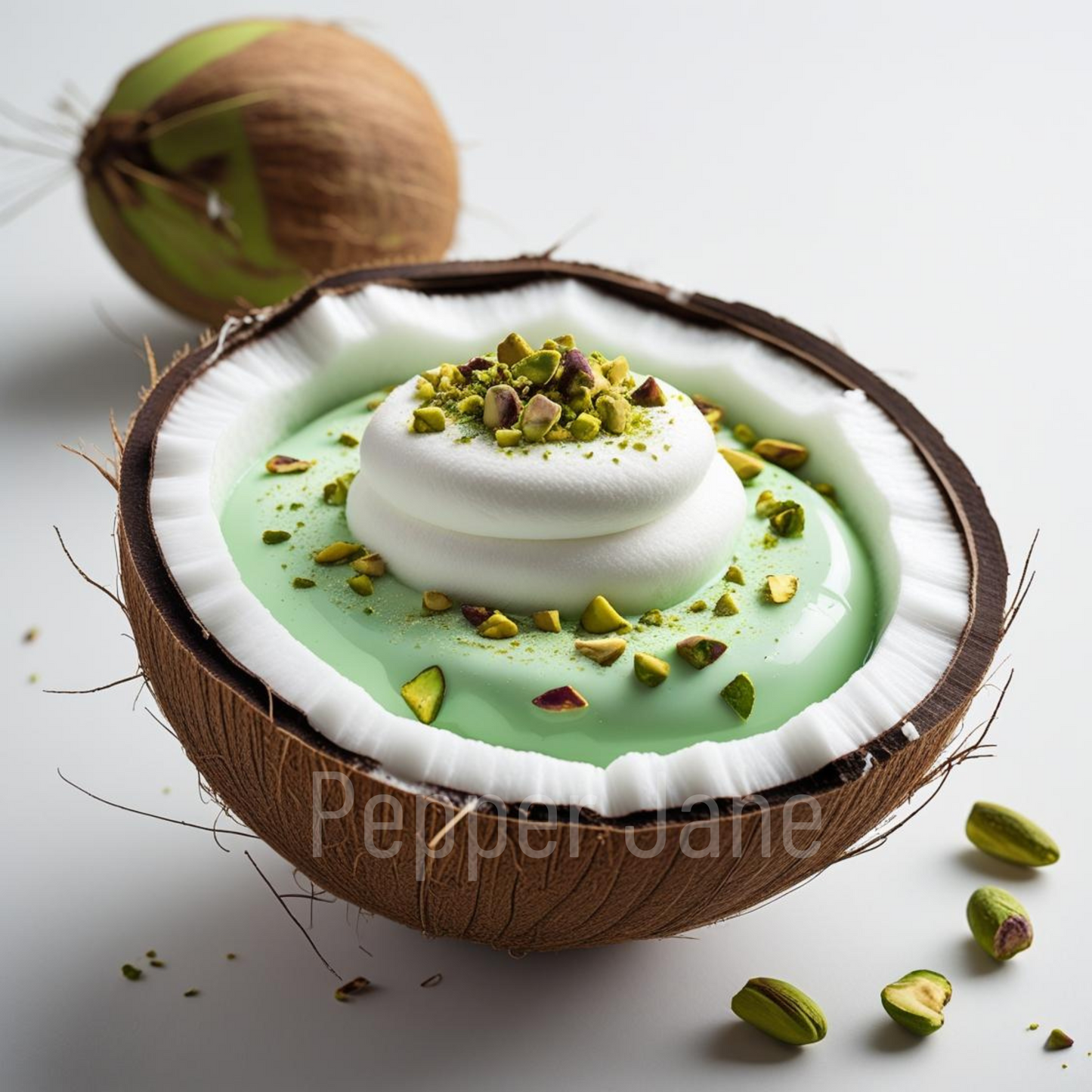 Pepper Jane's Pistachio & Coconut Fluff fragrance oil: indulgent mix of pistachio, coconut, and sweet marshmallow notes.